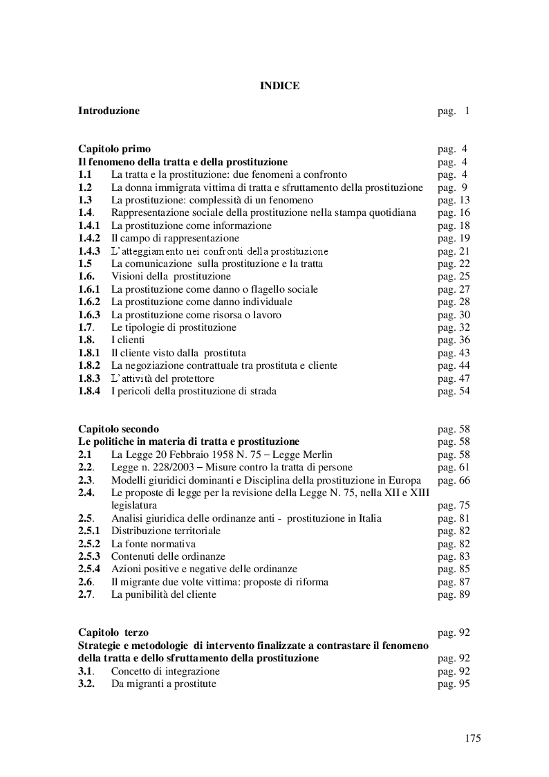 Indice della tesi: Tratta e Prostituzione. Visioni, politiche, strategie di intervento, Pagina 1