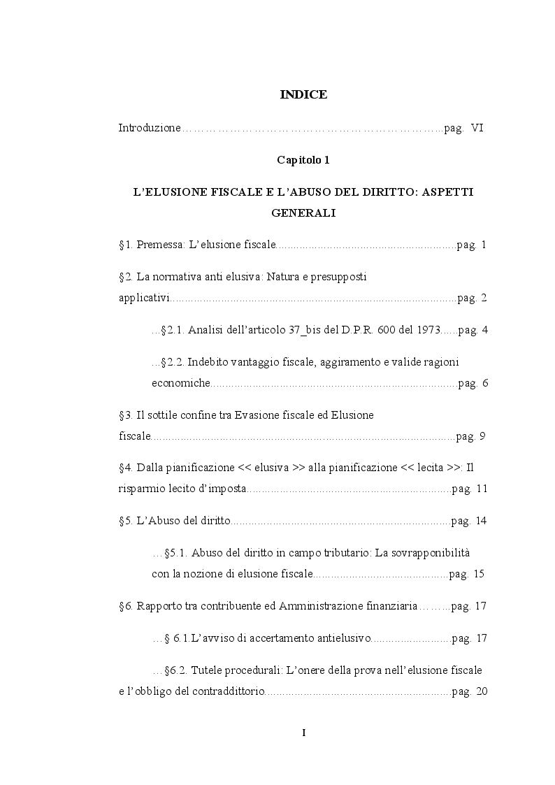Indice della tesi: L’elusione fiscale nelle operazioni straordinarie di conferimento, fusione e scissione, Pagina 1