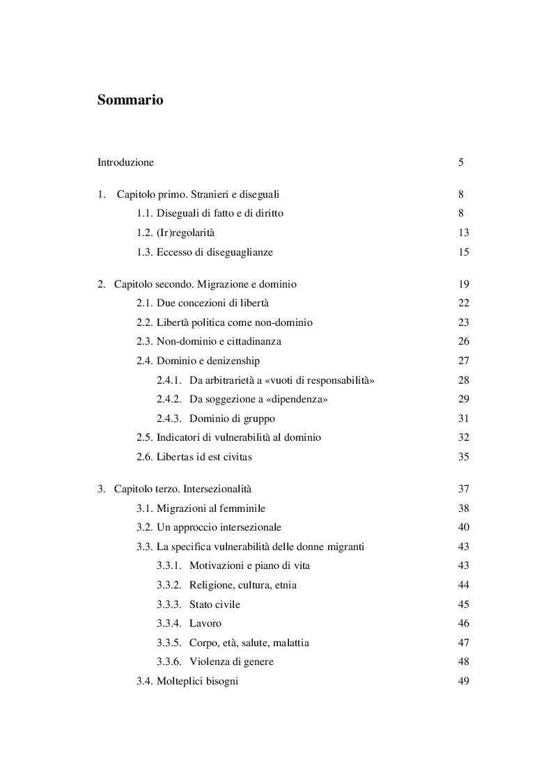 Indice della tesi: Immigrazione e diseguaglianza. Un approccio intersezionale alle specifiche vulnerabilità delle donne migranti, Pagina 1