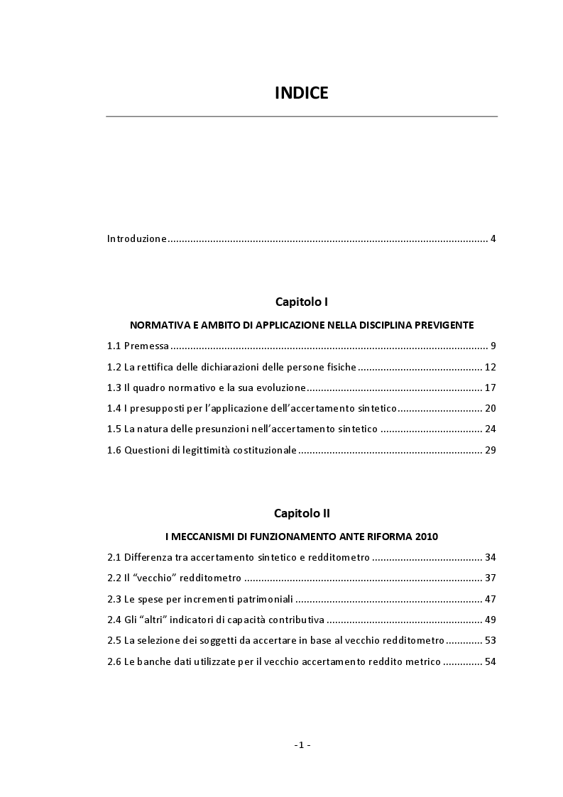 Indice della tesi: L'accertamento fiscale basato sul redditometro, Pagina 1