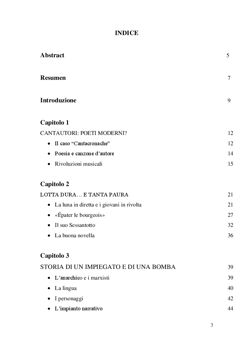 Indice della tesi: Storia di un impegnato. Fabrizio De André tra letteratura e canzone d'autore, Pagina 1