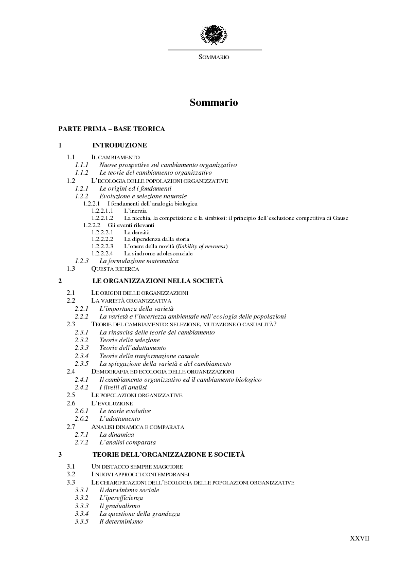 Indice della tesi: La prospettiva di ecologia delle popolazioni organizzative. Un'applicazione empirica: la natalità organizzativa nell'industria alberghiera dei comuni costieri della Regione Marche, 1923-1997, Pagina 1