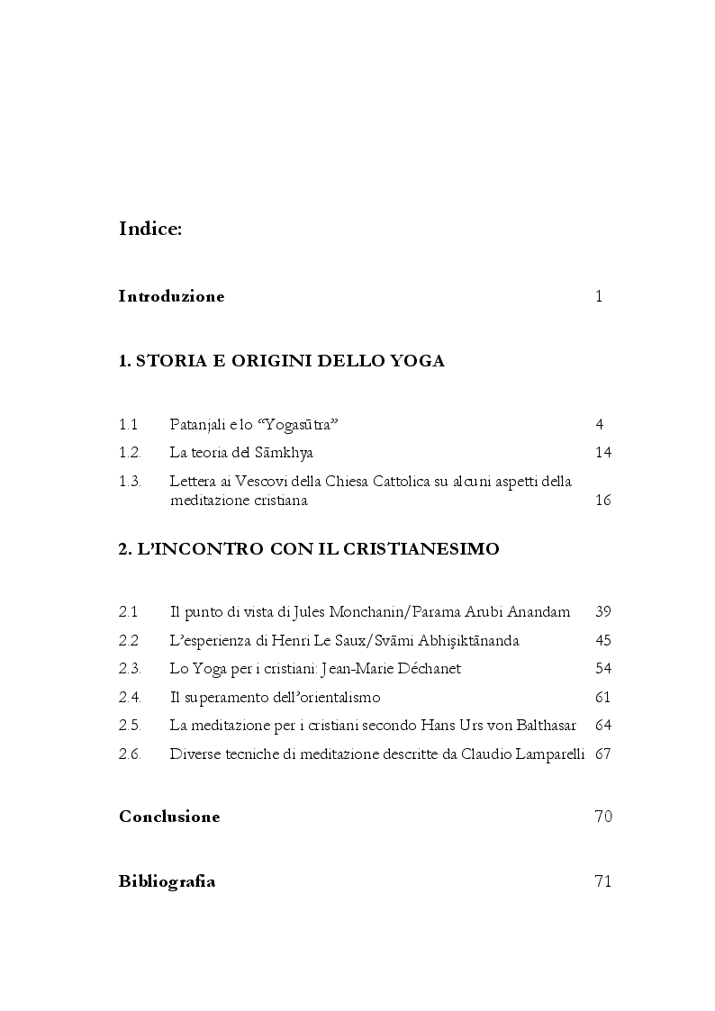 Indice della tesi: Yoga e Cristianesimo: un incontro possibile, Pagina 1