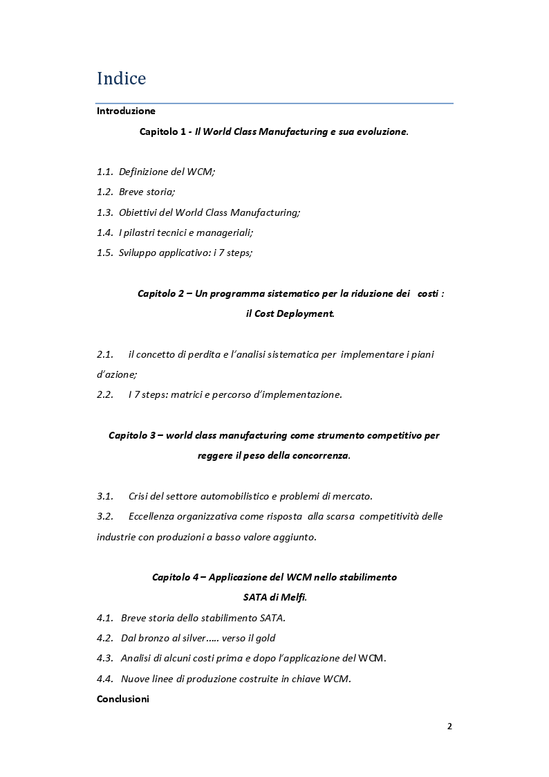 Indice della tesi: Applicazione del World Class Manufacturing nell’esperienza della SATA di Melfi, Pagina 1
