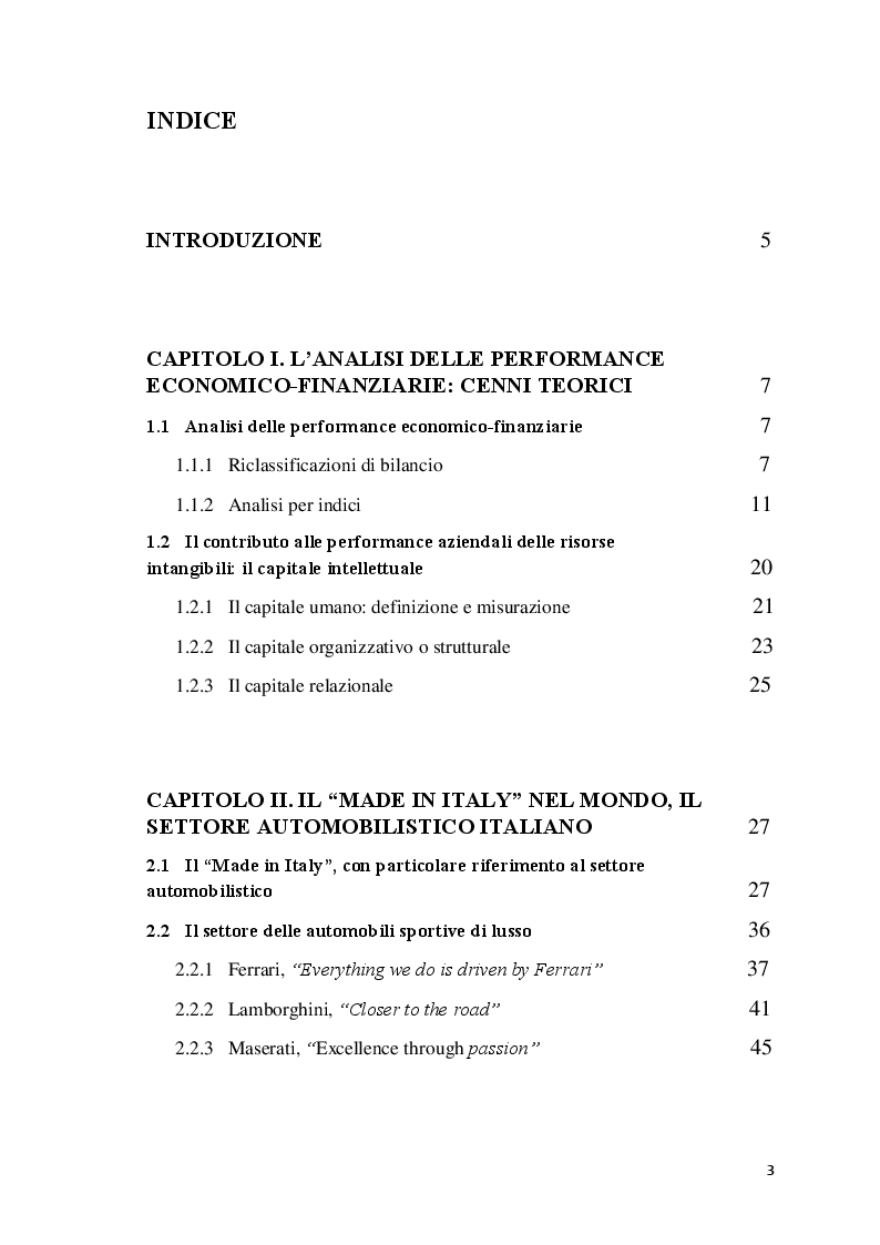 Indice della tesi: L'analisi delle performance economico-finanziarie dell'impresa: il settore delle automobili sportive di lusso, Pagina 1