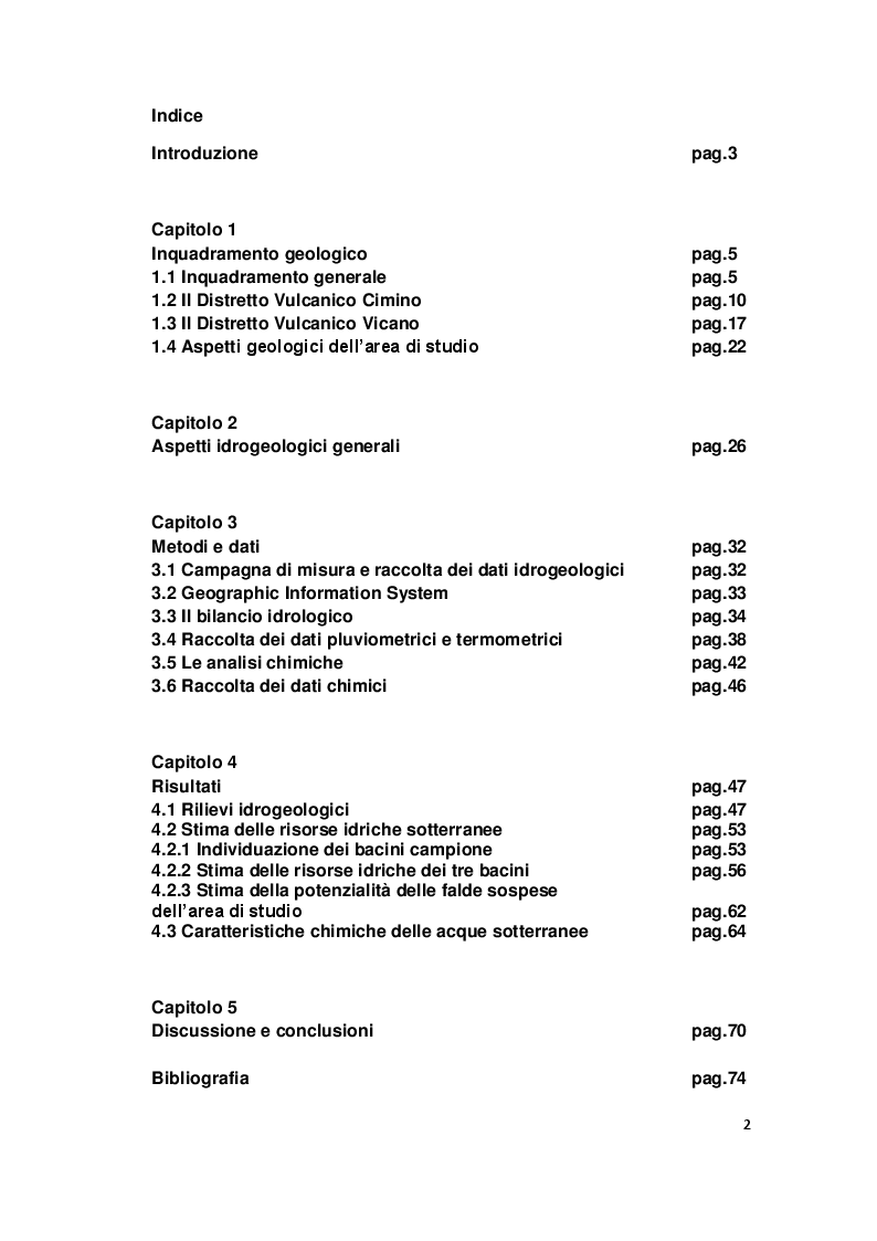 Indice della tesi: Le falde sospese dell'acquifero vulcanico cimino-vicano: valutazione della loro potenzialità in termini quantitativi e qualitativi., Pagina 1