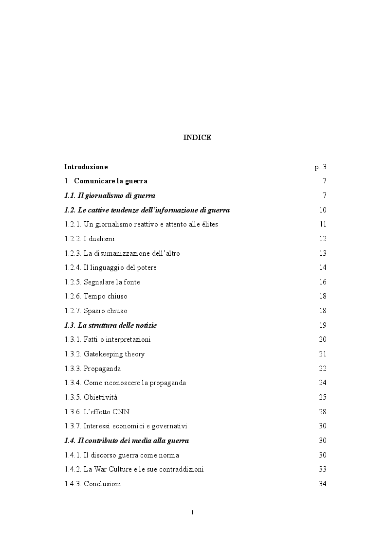Indice della tesi: Il Giornalismo di Pace. Modelli, Tecniche e Contenuti, Pagina 1