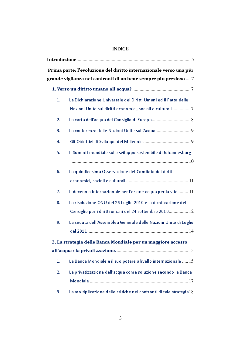 Indice della tesi: Verso una disciplina internazionale delle risorse idriche, Pagina 1