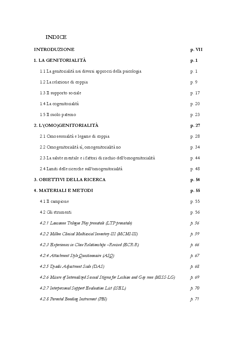 Indice della tesi: Omo - Vs Etero - Cogenitorialità: attaccamento, personalità e stigma sessuale in coppie italiane, Pagina 1
