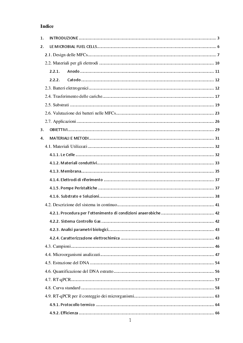 Indice della tesi: Ottimizzazione della metodica RT-qPCR applicata allo studio delle Microbial Fuel Cells, Pagina 1