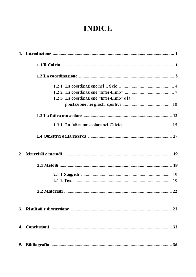 Indice della tesi: Valutazione della coordinazione Inter-Limb nell'allenamento di giovani calciatori, Pagina 1