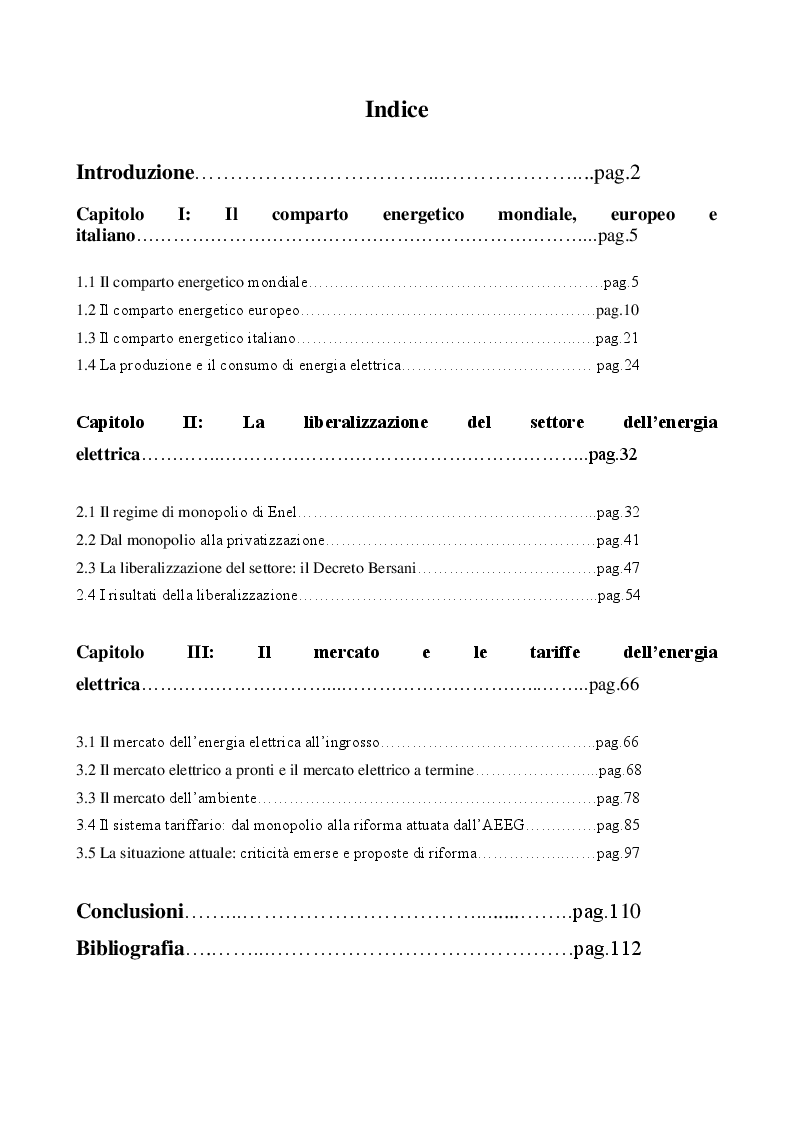 Indice della tesi: La liberalizzazione del mercato elettrico italiano, Pagina 1