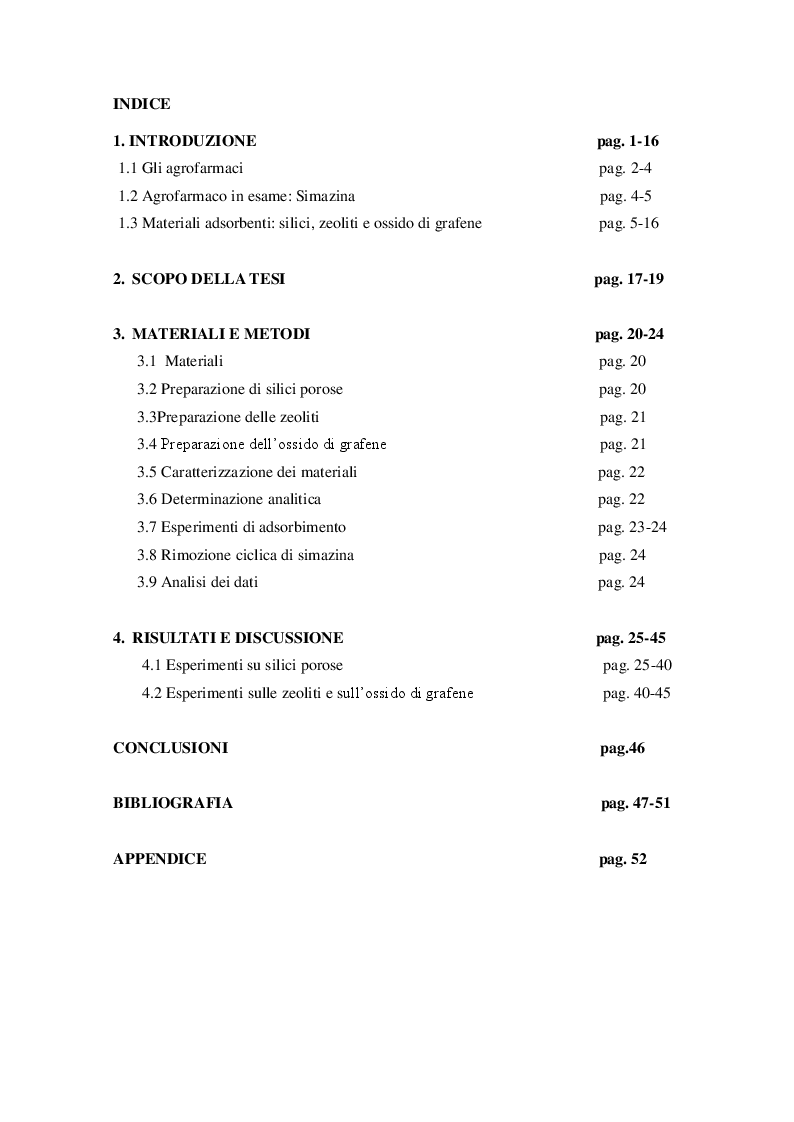 Indice della tesi: Decontaminazione di acque inquinate da simazina per adsorbimento su silici porose ottenute attraverso la tecnica sol-gel, Pagina 1