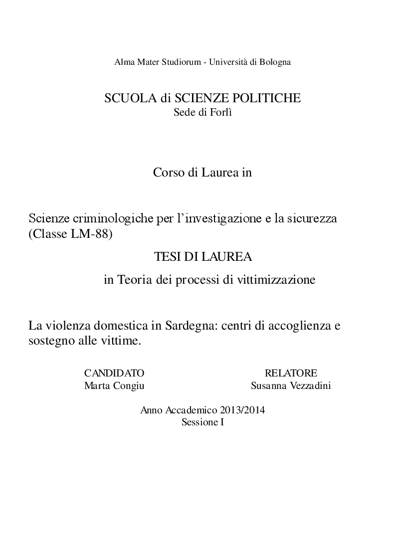 Anteprima della tesi: La violenza domestica in Sardegna: centri di accoglienza e sostegno alle vittime., Pagina 1