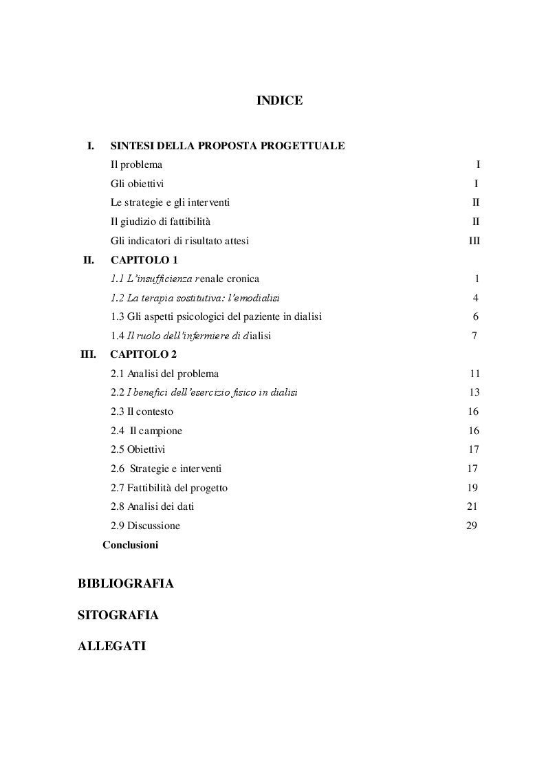 Indice della tesi: L’importanza dell’esercizio fisico nella qualità di vita del paziente in trattamento emodialitico, Pagina 1