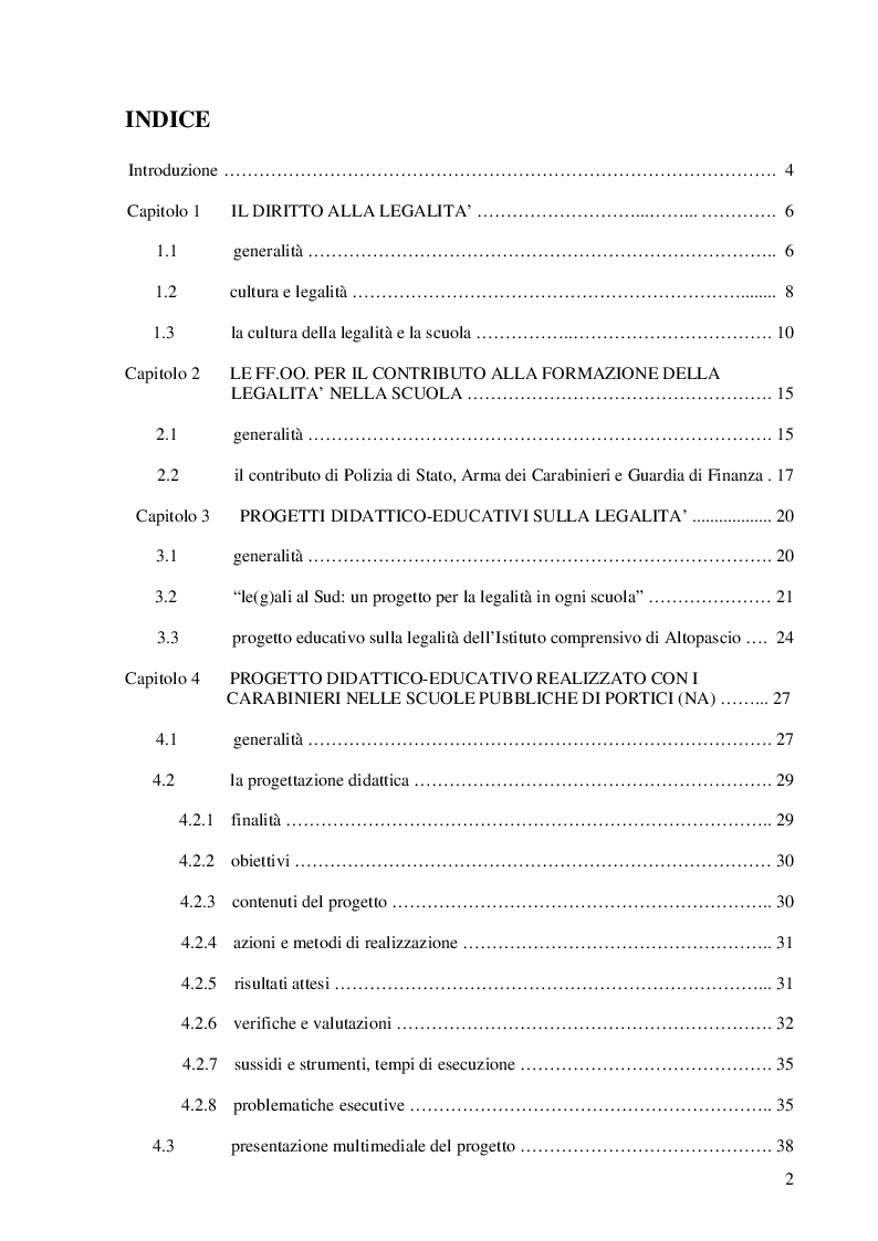 Indice della tesi: La Cultura della Legalità nella didattica scolastica. Il Contributo delle Forze dell'Ordine. L'esperienza realizzata nelle scuole di Portici, Pagina 1