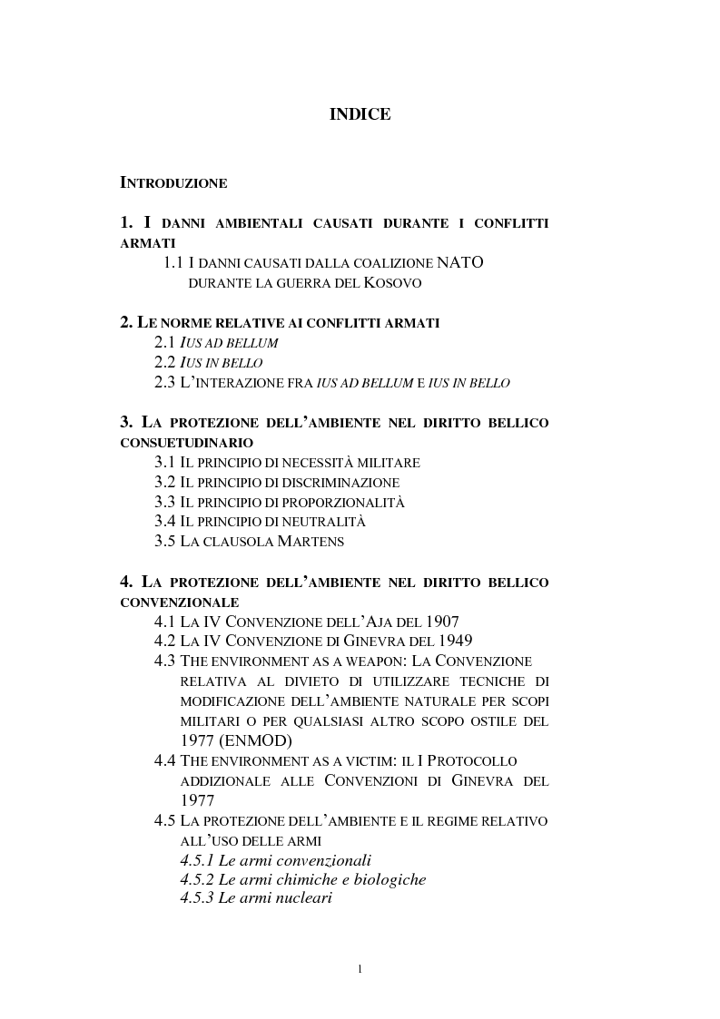 Indice della tesi: La protezione internazionale dell'ambiente durante i conflitti armati: il caso del Kosovo, Pagina 1
