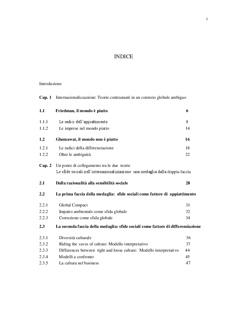 Indice della tesi: Le Sfide Sociali nel Processo di Internazionalizzazione, Pagina 1