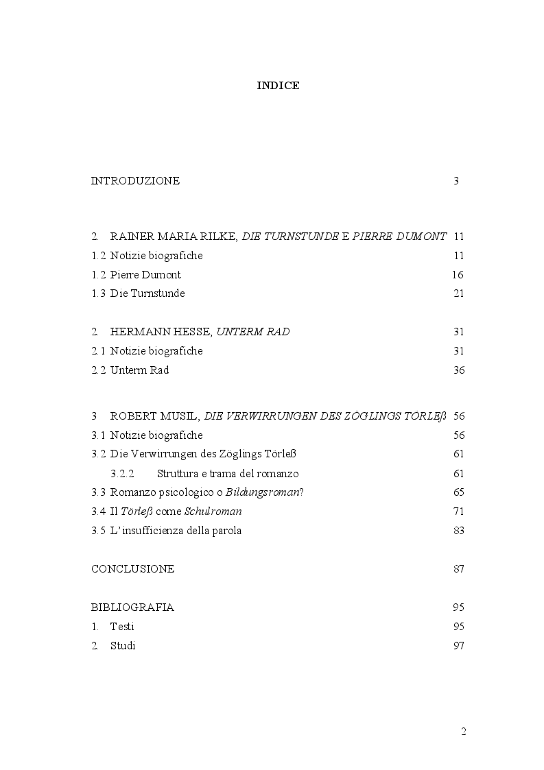 Indice della tesi: Scuola e tematiche adolescenziali nella tradizione letteraria di lingua tedesca tra la fine dell’Ottocento e l’inizio del Novecento, Pagina 1