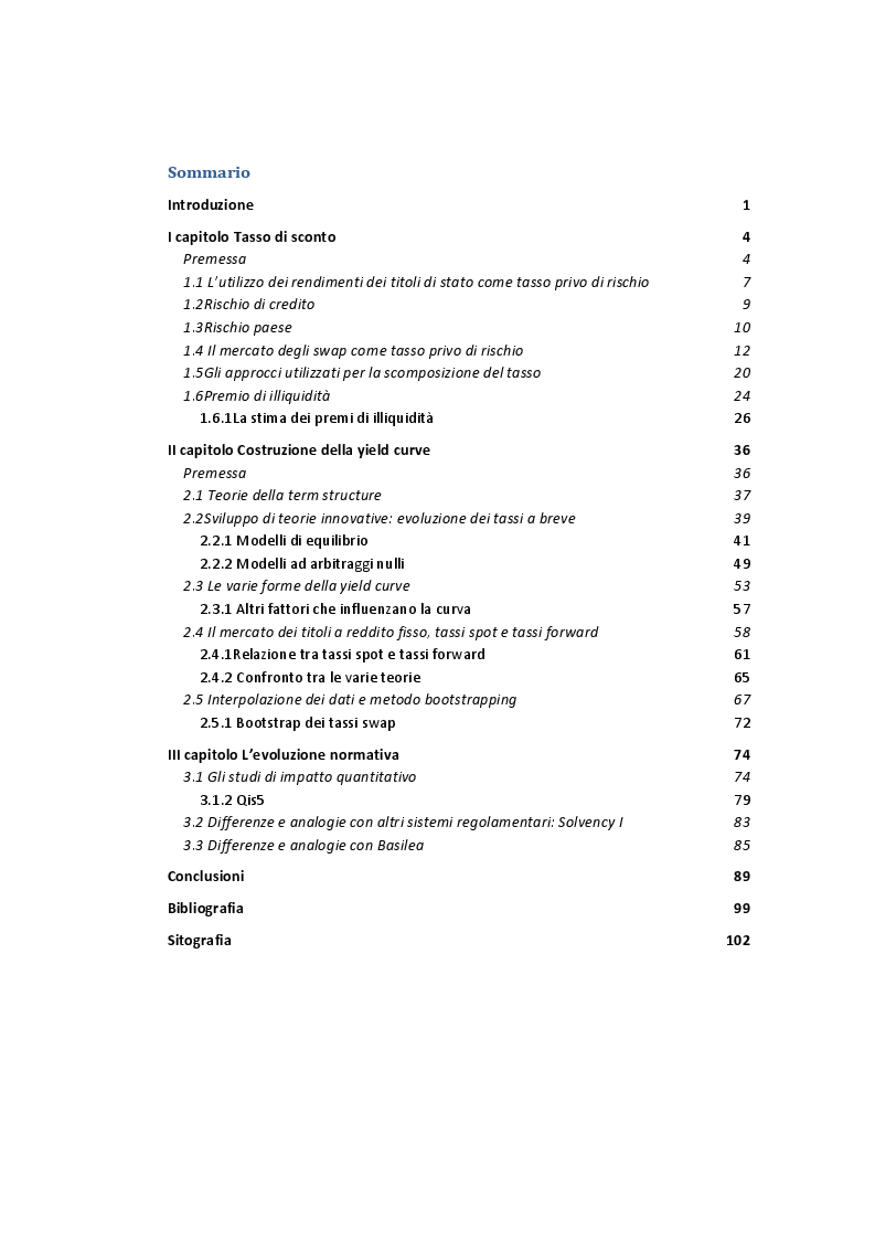 Indice della tesi: La scelta del tasso di sconto nelle decisioni finanziarie ed attuariali con la costruzione della swap zero curve, Pagina 1