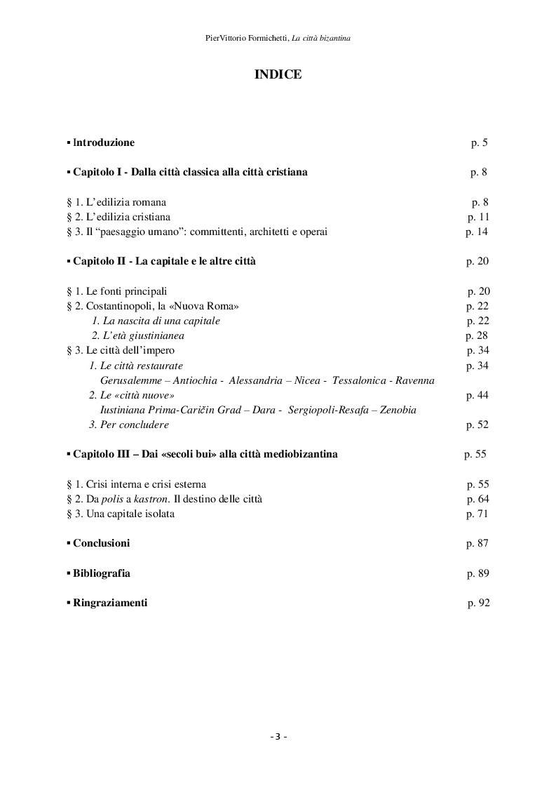 Indice della tesi: La città bizantina, Pagina 1