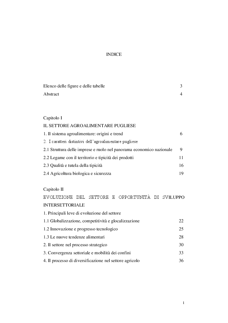 Indice della tesi: La Diversificazione nelle Dinamiche Competitive del Settore Agroalimentare Pugliese: Analisi di un caso, Pagina 1