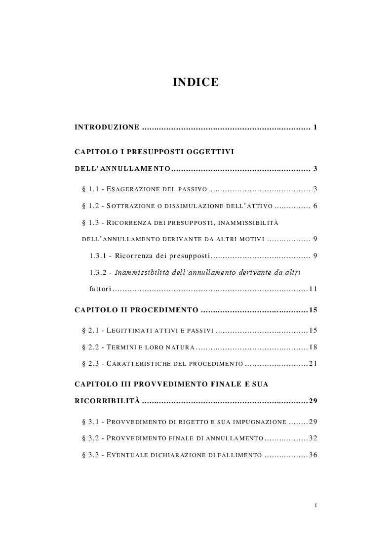 Indice della tesi: Annullamento del concordato preventivo, Pagina 1