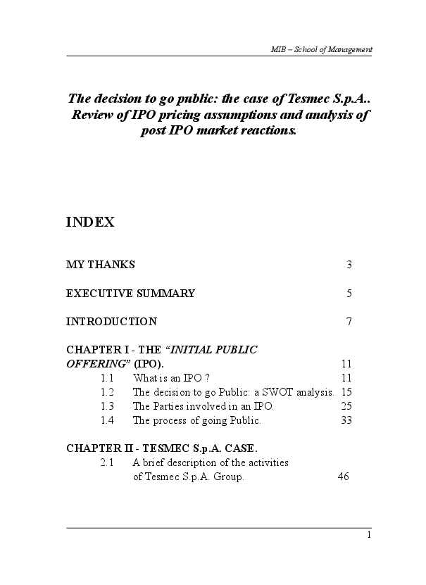 Indice della tesi: The decision to go public: the case of Tesmec S.p.A.. Review of IPO pricing assumptions and analysis of post IPO market reactions., Pagina 1