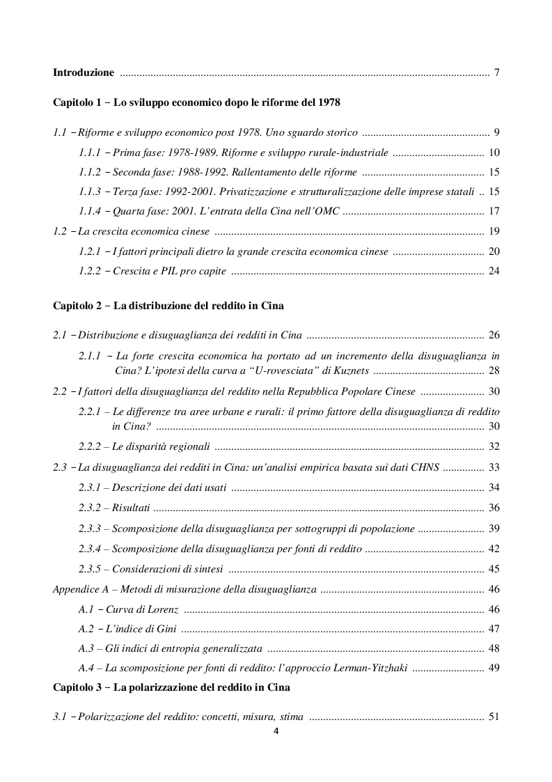 Indice della tesi: Disuguaglianza e Polarizzazione Del Reddito Durante la Transizione Economica Nella Repubblica Popolare Cinese., Pagina 1