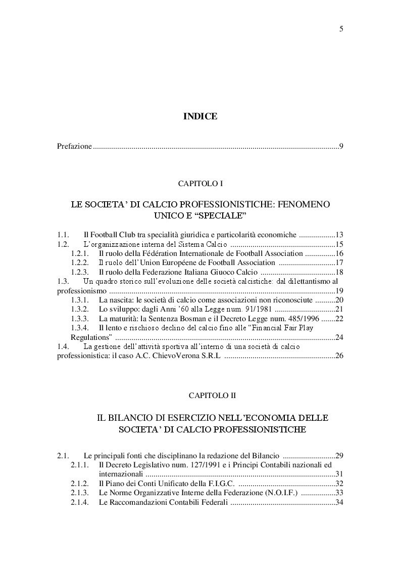 Indice della tesi: La disciplina del bilancio d'esercizio nelle società di calcio: il caso ChievoVerona S.r.l., Pagina 1