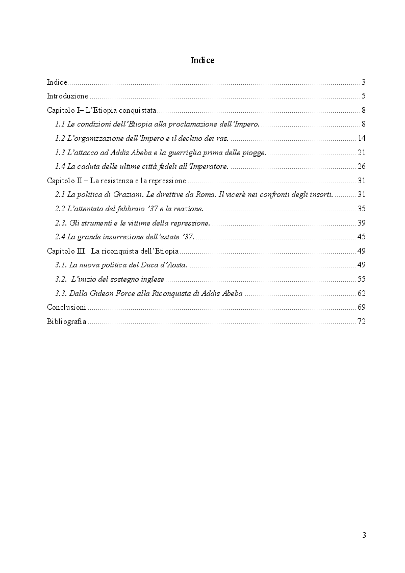 Indice della tesi: La Resistenza Etiope. Dalla caduta alla riconquista di Addis Abeba (1935-41), Pagina 1