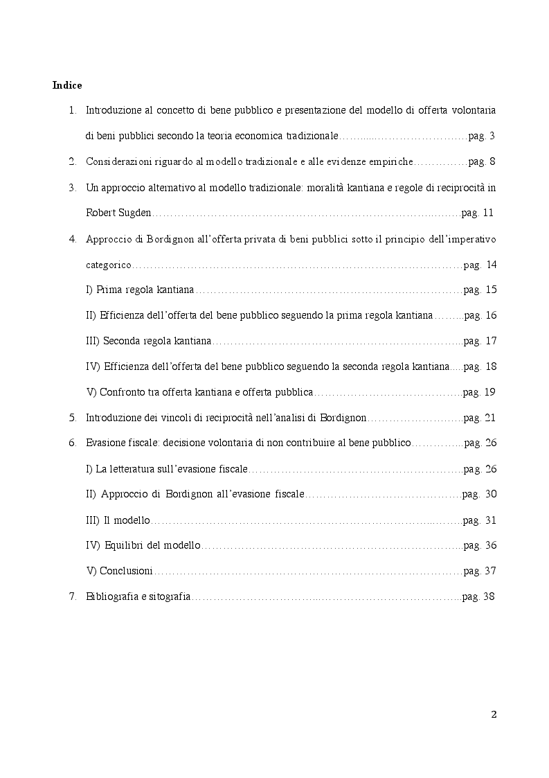 Indice della tesi: Efficienza del mercato dei beni pubblici ed evasione fiscale, Pagina 1