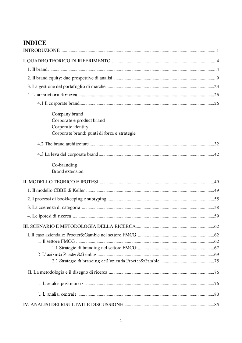 Indice della tesi: Associazione dei product brands al corporate brand: effetti sul brand equity di Procter&Gamble, Pagina 1