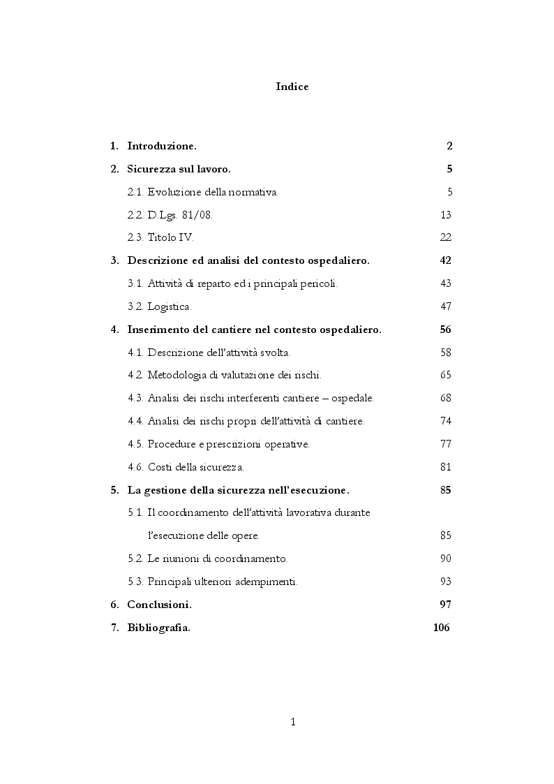 Indice della tesi: La gestione della sicurezza nelle opere di realizzazione di un reparto ospedaliero., Pagina 1
