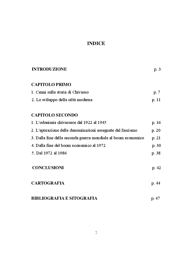 Indice della tesi: Mutamenti nell'odonimia di Chivasso dal secondo Dopoguerra agli anni Ottanta, Pagina 1