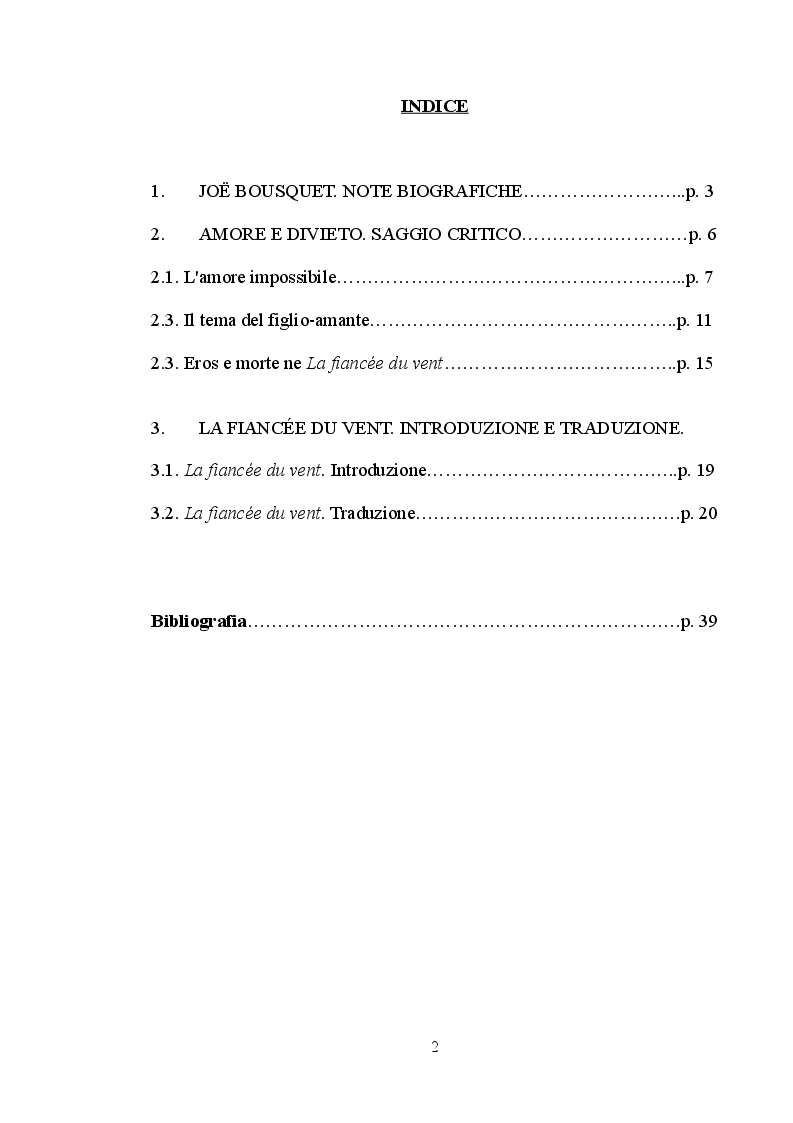 Indice della tesi: Amore e divieto ne "La fiancée du vent" di Joe Bousquet - Saggio critico e traduzione, Pagina 1