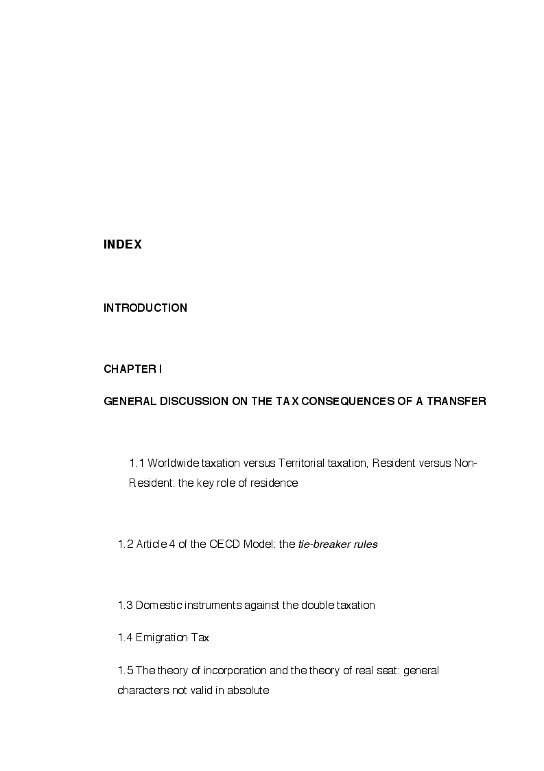 Indice della tesi: The transfer of fiscal residence and exit tax in the Dutch and the Italian systems, Pagina 1