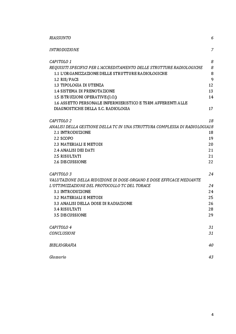 Indice della tesi: Impatto della TC a bassa dose nella gestione dei pazienti con malattia polmonare: aspetti tecnici e organizzativi., Pagina 1