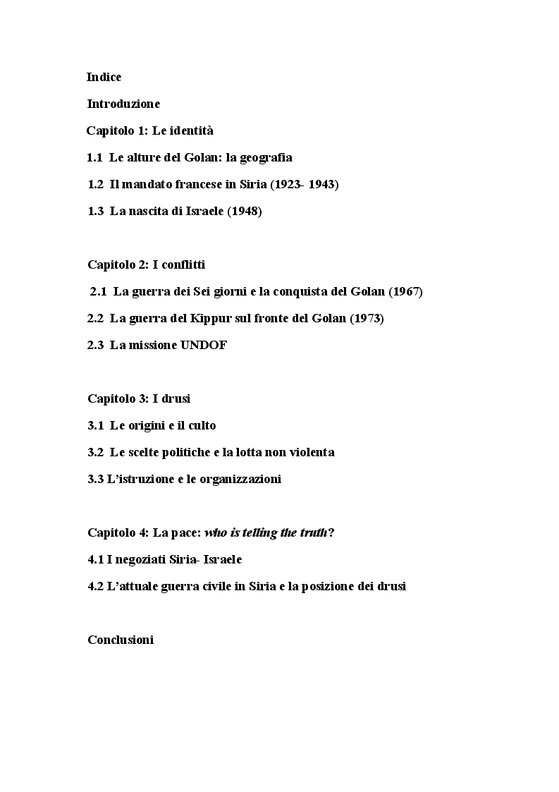 Indice della tesi: Le alture del Golan: fattori di guerra e di pace in Medio Oriente, Pagina 1
