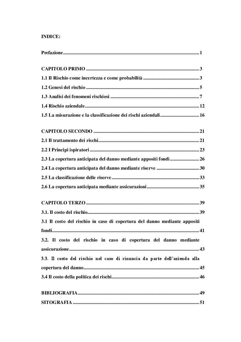 Indice della tesi: La rappresentazione del rischio d’impresa nella determinazione del reddito d’esercizio, Pagina 1