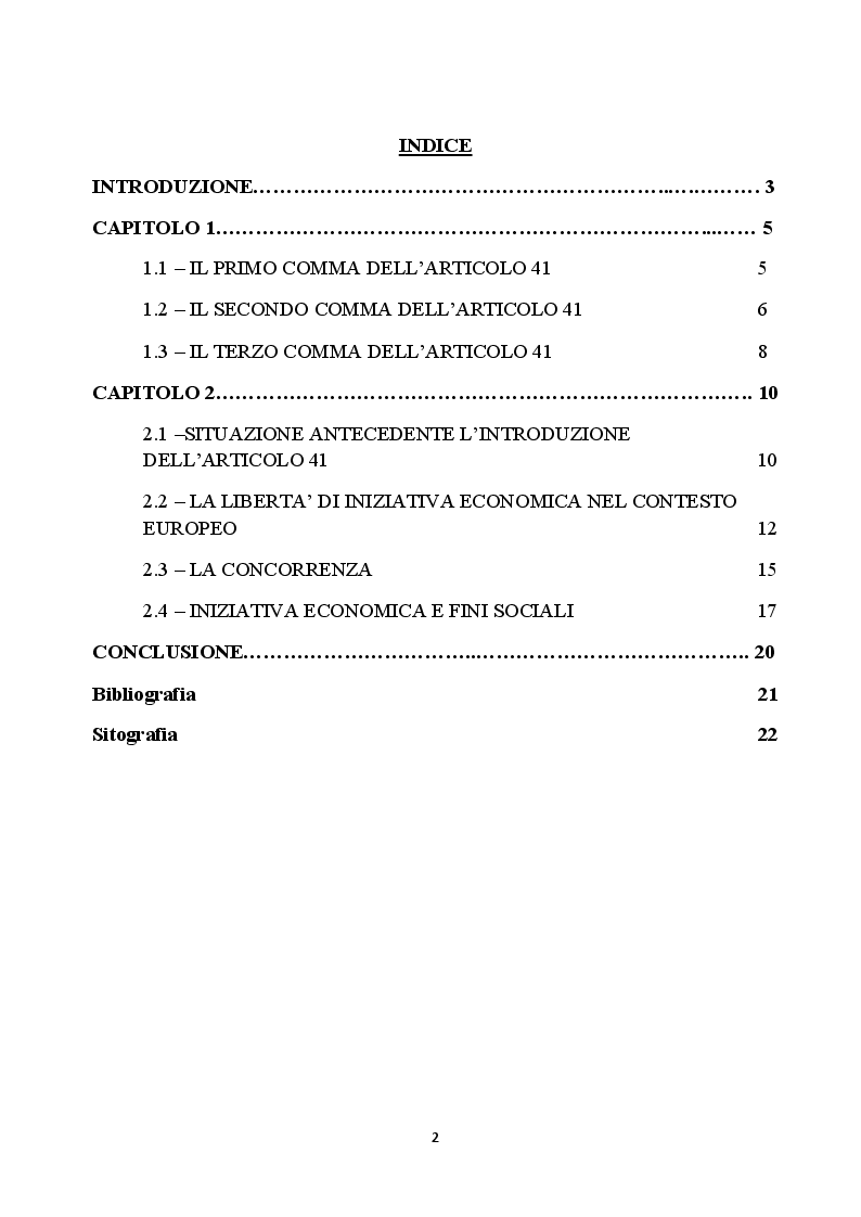 Indice della tesi: Libertà di iniziativa economica - Articolo 41 della costituzione, Pagina 1