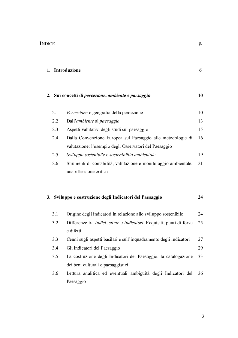 Indice della tesi: Un'applicazione degli indicatori-quadro ispirati alla Convenzione Europea sul Paesaggio nel Veneto Orientale, Pagina 1