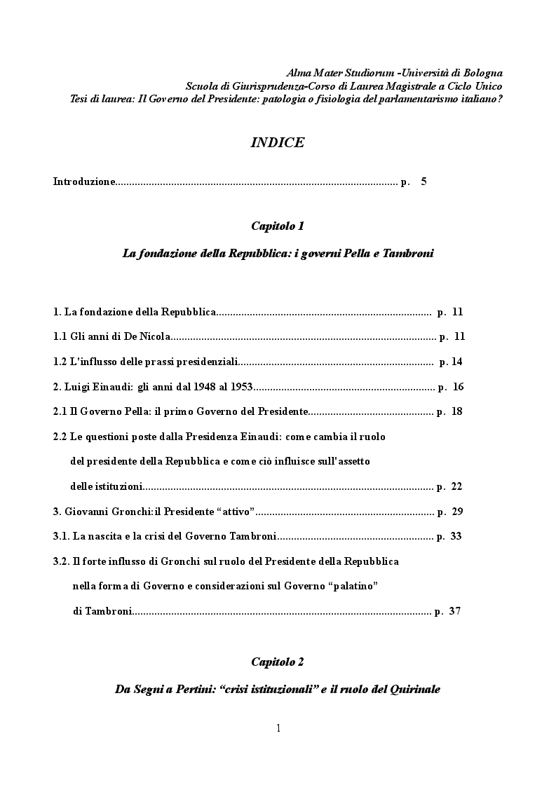 Indice della tesi: Il "Governo del Presidente": patologia o fisiologia del parlamentarismo italiano?, Pagina 1