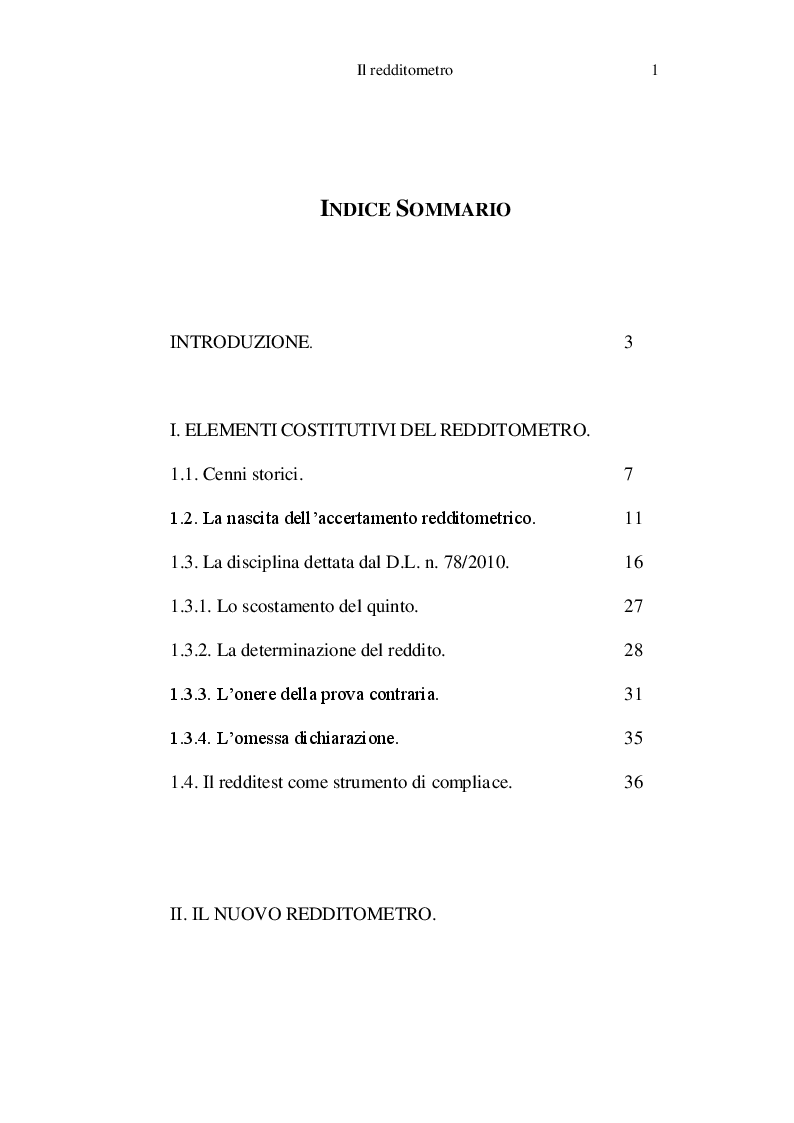 Indice della tesi: Il redditometro, Pagina 1