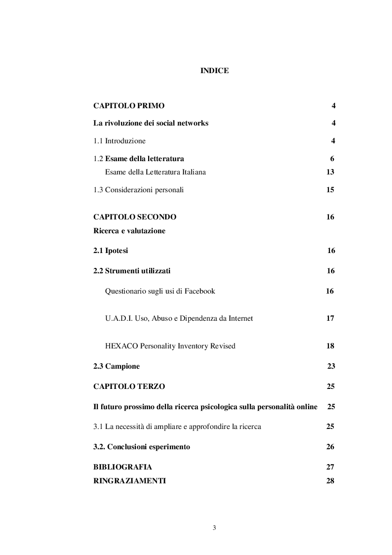 Indice della tesi: Facebook e personalità., Pagina 1