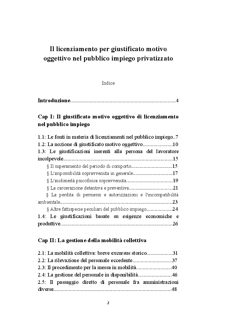 Indice della tesi: Il licenziamento per giustificato motivo oggettivo nel pubblico impiego privatizzato, Pagina 1