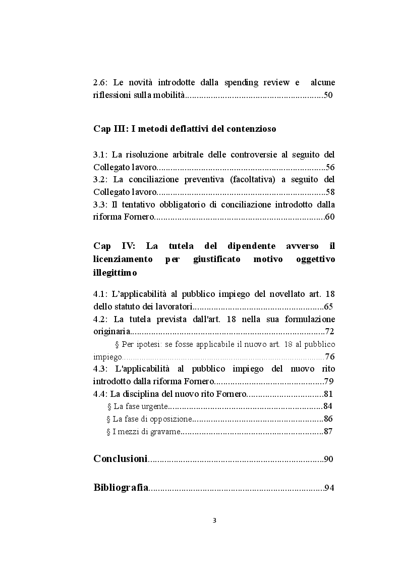 Indice della tesi: Il licenziamento per giustificato motivo oggettivo nel pubblico impiego privatizzato, Pagina 2