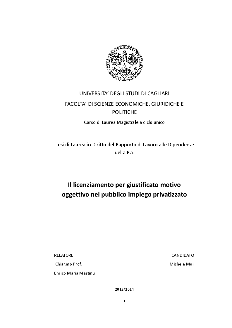 Anteprima della tesi: Il licenziamento per giustificato motivo oggettivo nel pubblico impiego privatizzato, Pagina 1
