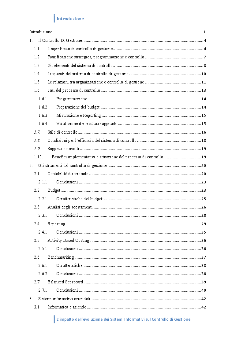 Indice della tesi: L'impatto dell'evoluzione dei sistemi informativi sul controllo di gestione, Pagina 1