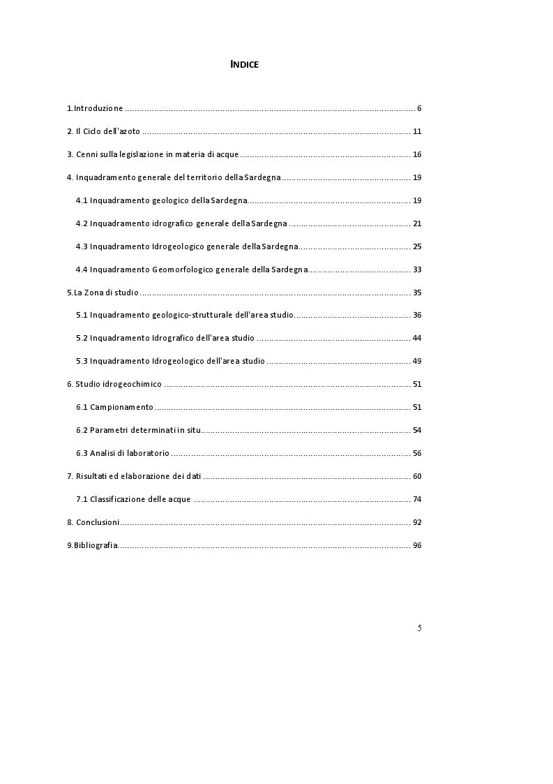 Indice della tesi: Distribuzione delle specie azotate nelle acque di sorgente del basamento granitico e metamorfico della Sardegna orientale, Pagina 1